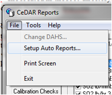 CeDAR Setup Auto Reports menu